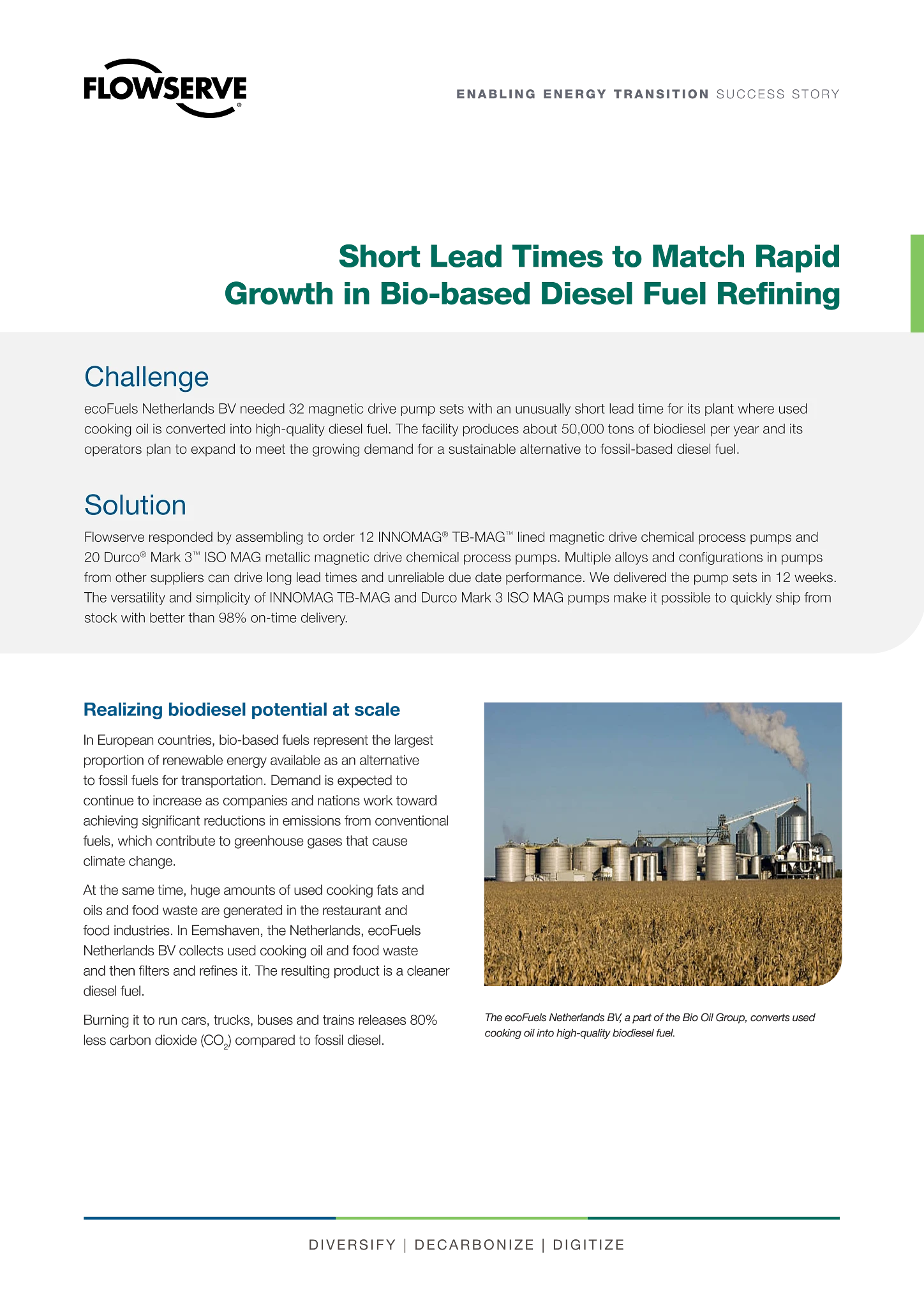 缩短交货时间以配合生物基柴油炼制的快速增长