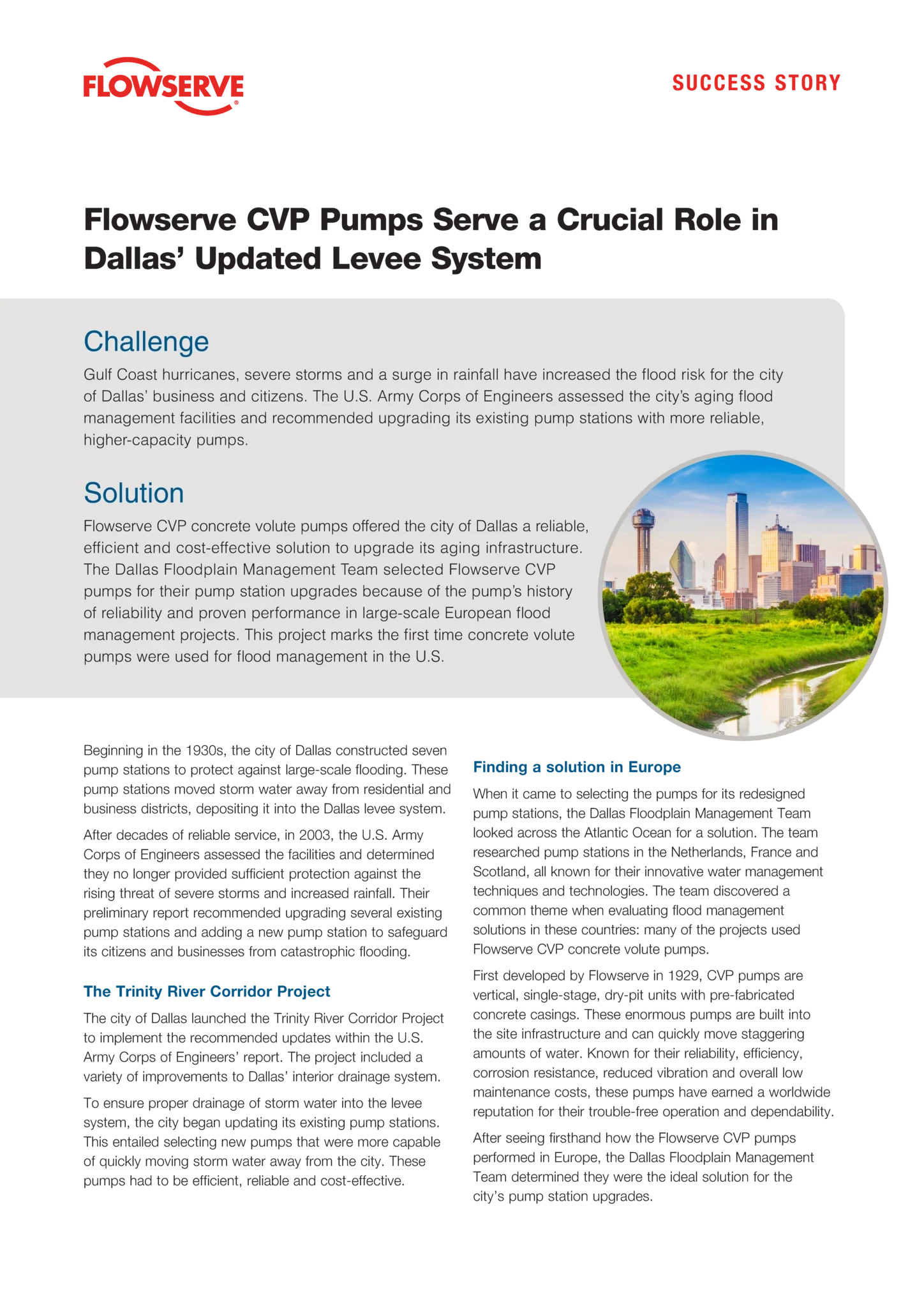 Flowserve CVP泵在达拉斯的新式防洪堤系统中发挥关键作用