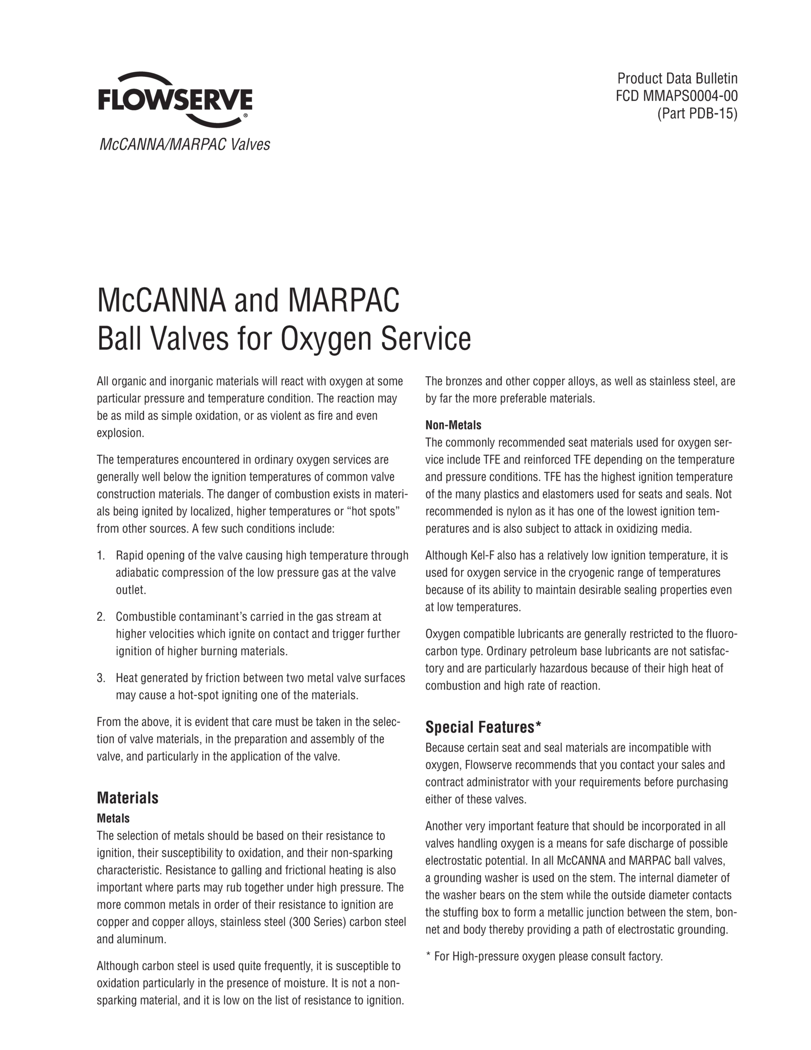 适用于氧气设备产品的McCANNA和MARPAC球阀 - 技术文档